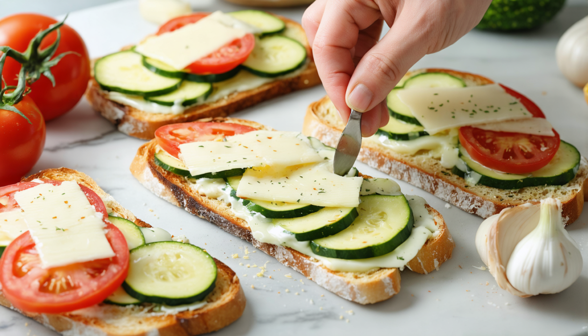 savourez un toast gourmand estival aux saveurs fraîches de tomate, courgette et fromage fondant, parfait pour un repas léger et délicieux.
