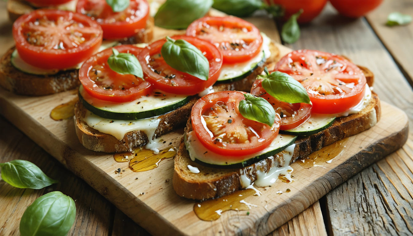 découvrez un toast gourmand alliant tomates fraîches, courgettes croquantes et fromage fondant pour un délice estival simple et savoureux.