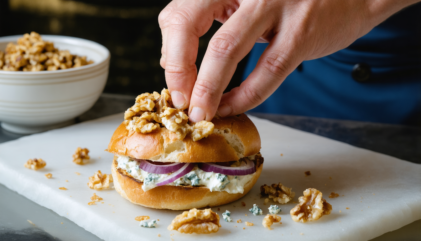 savourez un croque-monsieur brioché unique alliant le fromage bleu onctueux et un confit d'oignons délicieusement sucré, pour un délice express et gourmand.