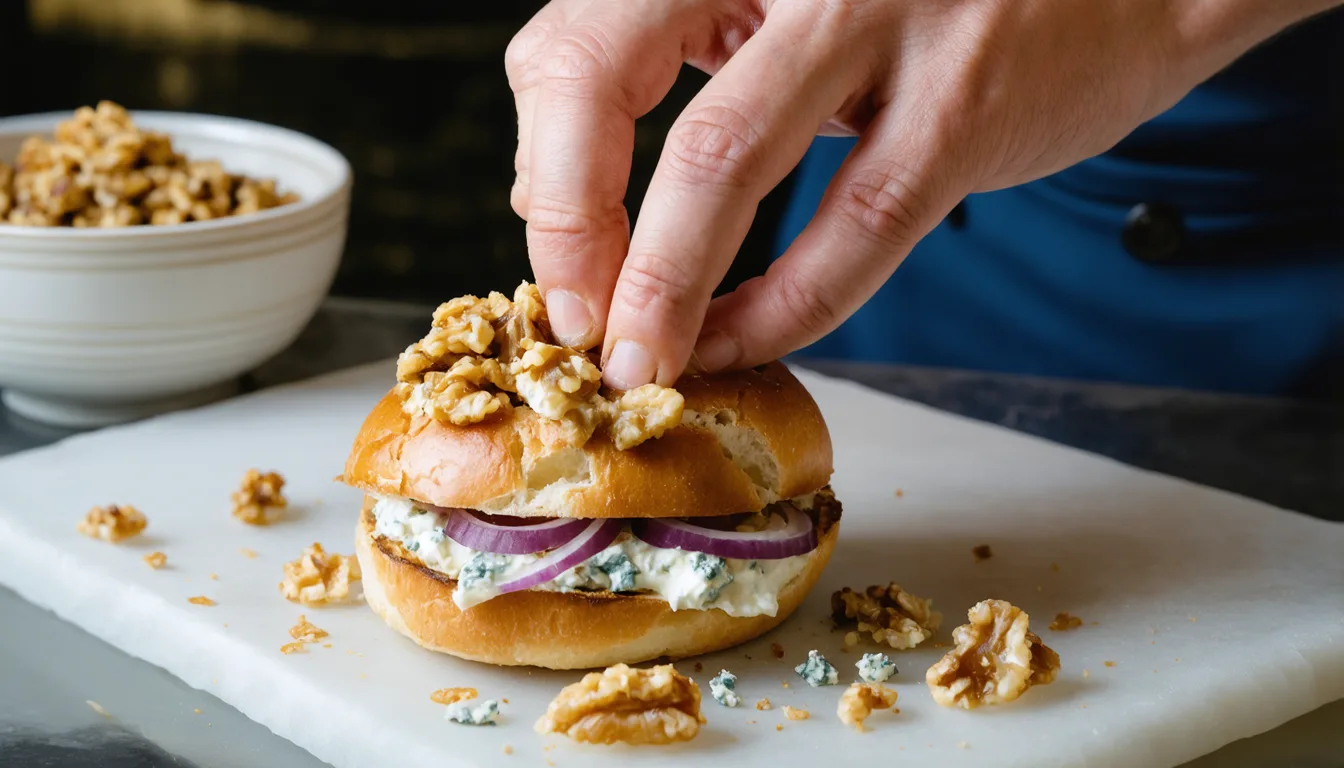 savourez un croque-monsieur brioché unique alliant le fromage bleu onctueux et un confit d'oignons délicieusement sucré, pour un délice express et gourmand.