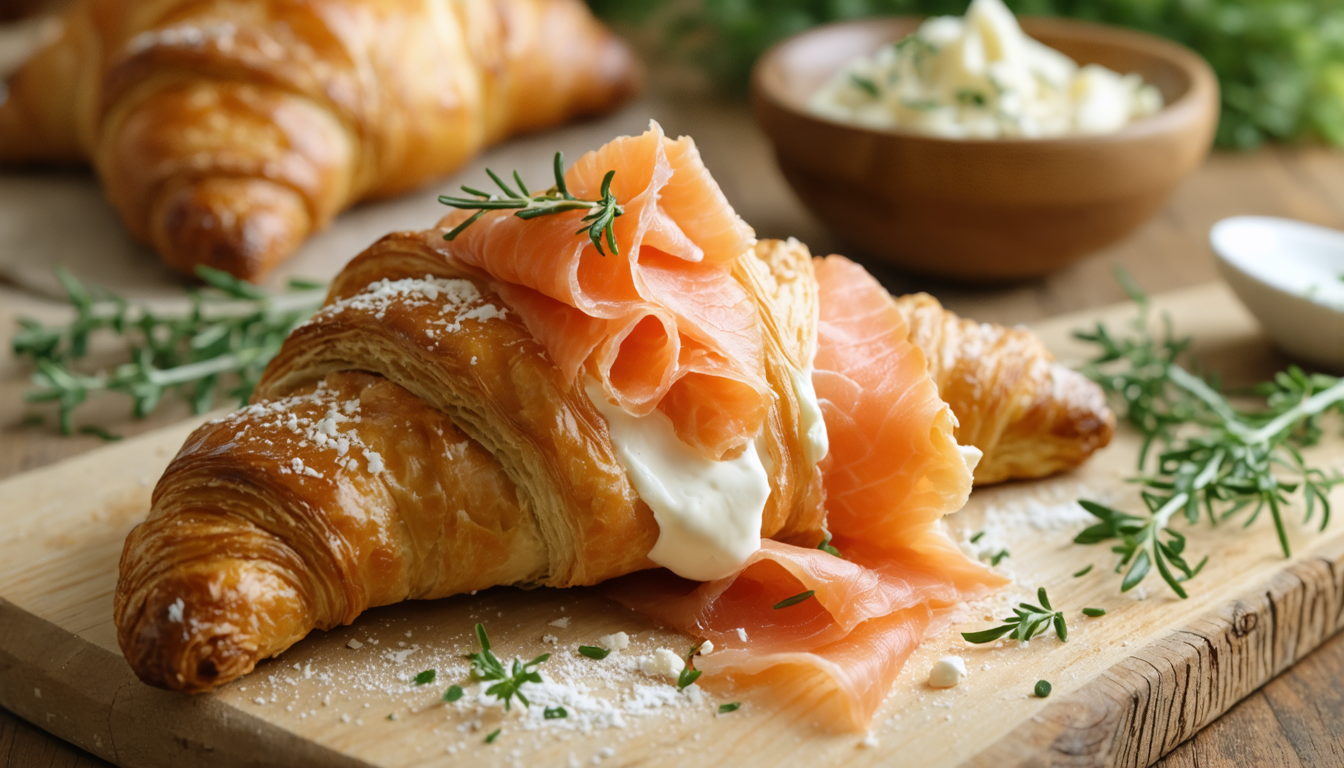savourez un délice feuilleté avec notre croissant au saumon fumé et fromage frais, une alliance parfaite pour un moment gourmand et raffiné.