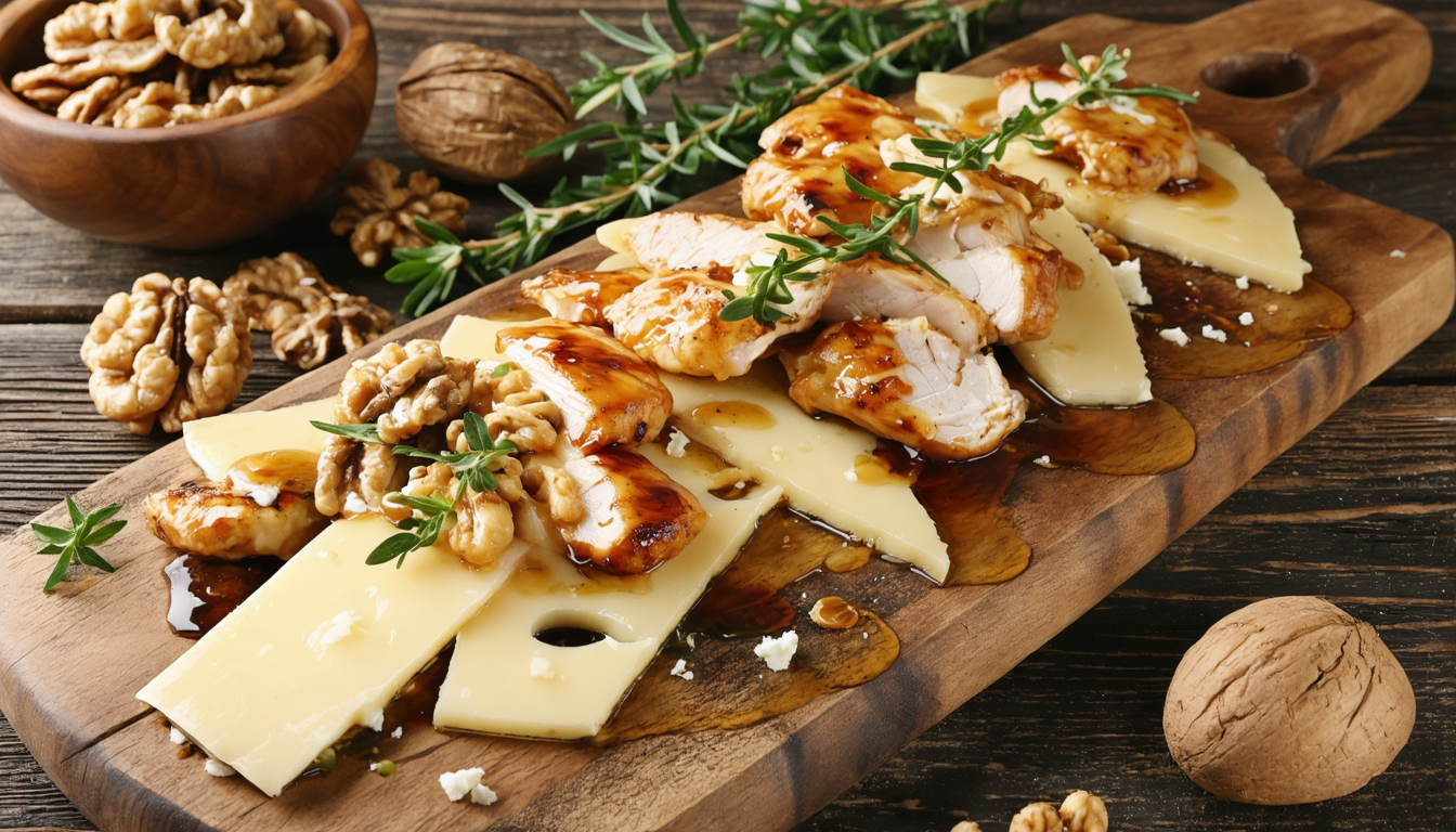 savourez une raclette gourmande au chèvre fondant, poulet caramélisé et miel doux, une alliance parfaite pour un repas réconfortant et plein de saveurs.