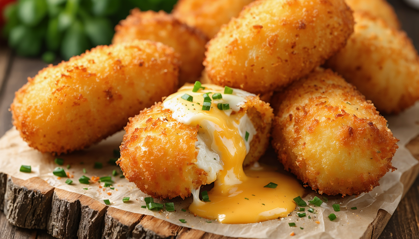 savourez nos croquettes croustillantes de pommes de terre au fromage à raclette, un délice fondant parfait pour vos apéritifs ou repas gourmands.