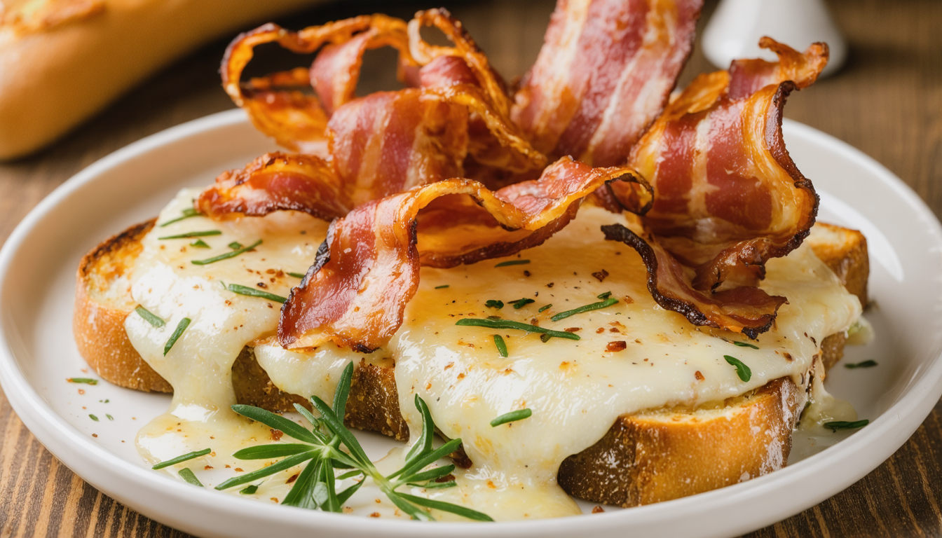 savourez une tartine gratinée pleine de gourmandise avec du fromage à raclette fondu et des lardons croustillants, un délice fondant idéal pour un repas réconfortant.