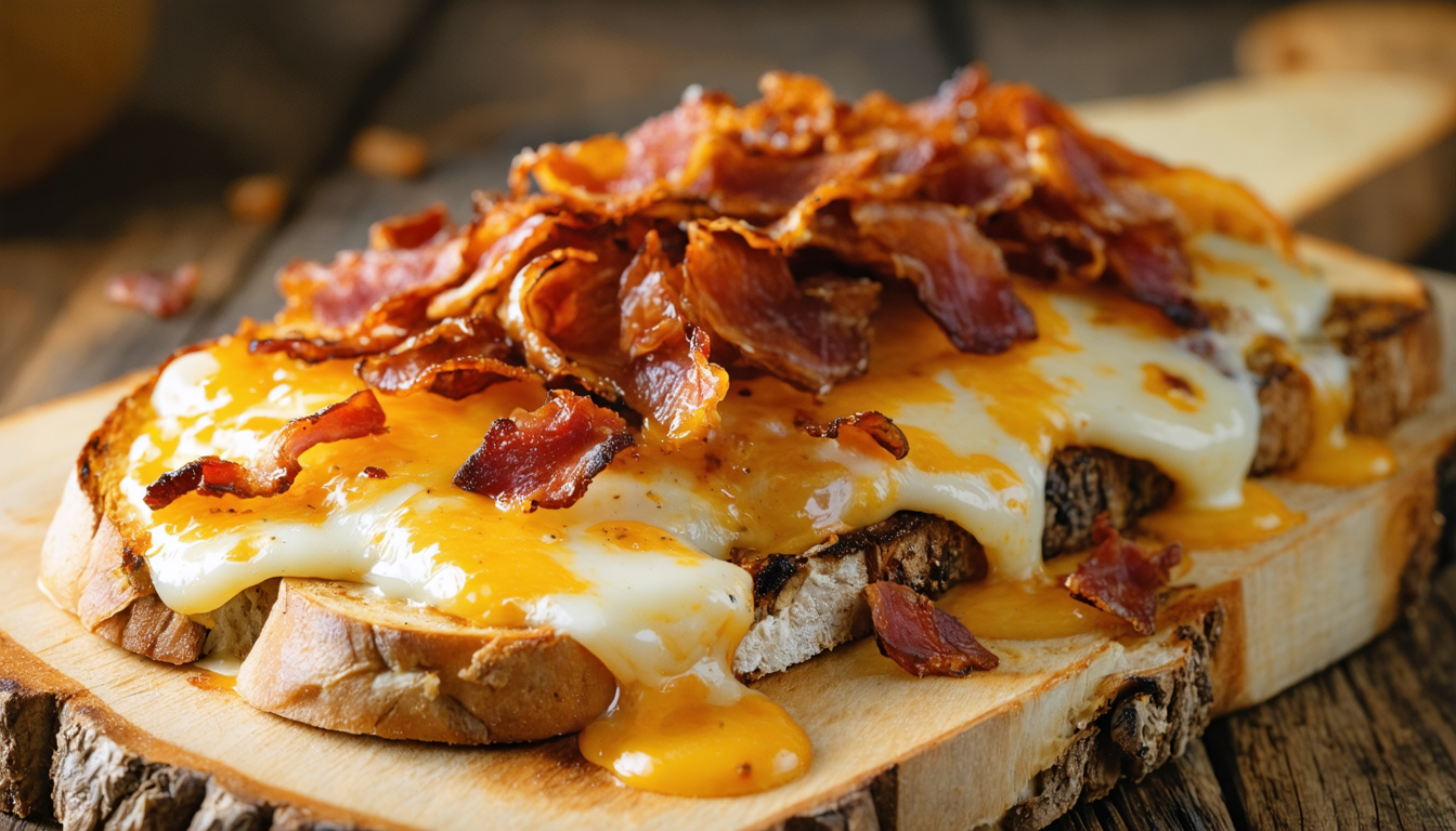 savourez notre tartine gratinée au fromage à raclette fondant accompagnée de lardons croustillants, une recette gourmande et réconfortante idéale pour les amateurs de saveurs riches.