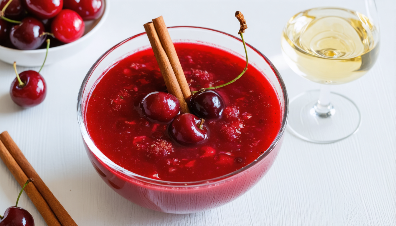 découvrez notre soupe légère aux cerises infusionnée à la cannelle et au vin blanc, une délicieuse harmonie de saveurs fruitées et épicées, parfaite pour une touche fraîche et raffinée.