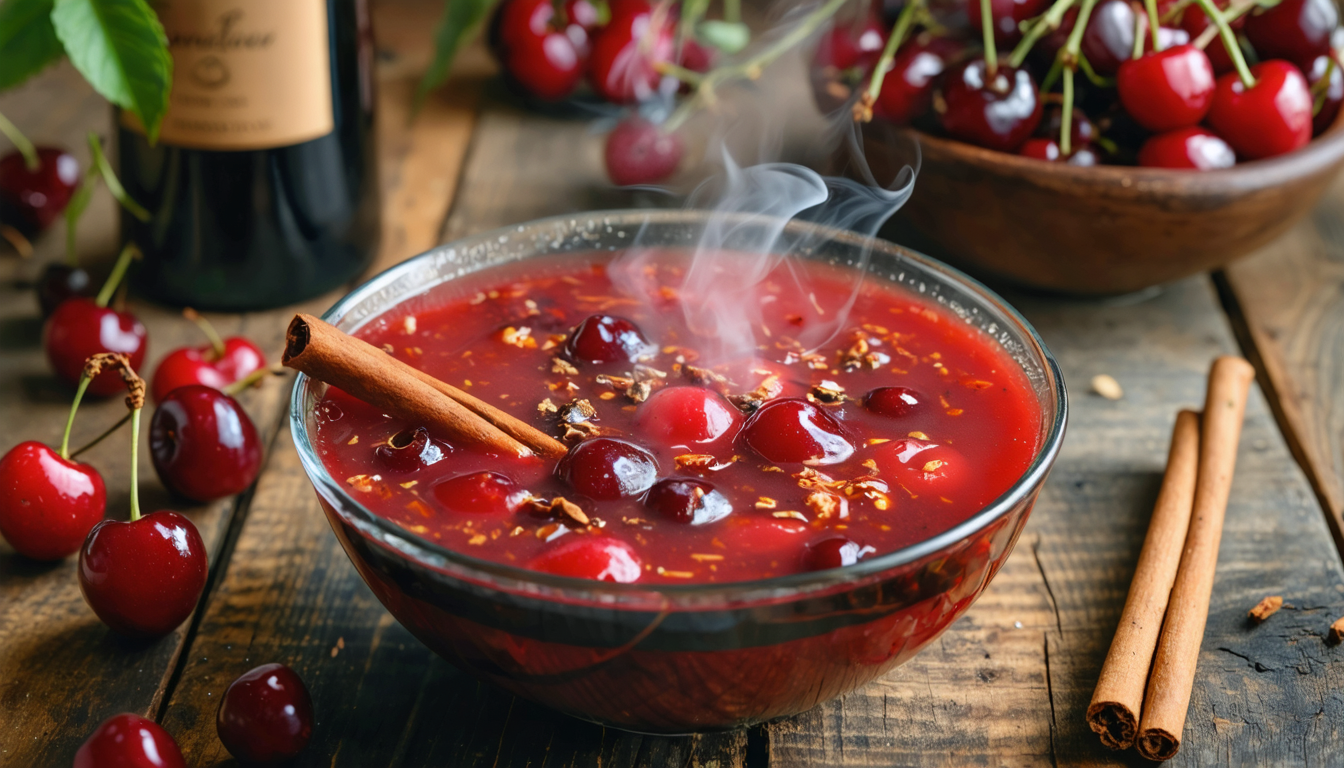 découvrez notre soupe légère de cerises infusée à la cannelle et au vin blanc, une délicieuse harmonie fruitée parfaite pour éveiller vos papilles avec douceur et fraîcheur.