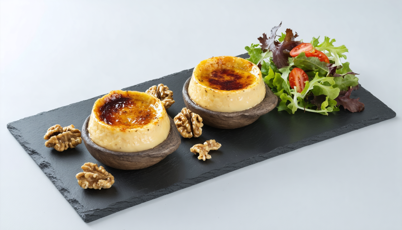 savourez une délicieuse crème brûlée au maroilles, sublimée par des éclats de noix croquants, pour une expérience gourmande et originale.
