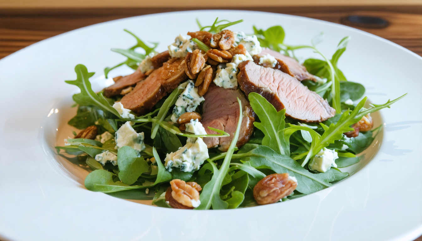 découvrez notre salade composée gourmande alliant la douceur du fromage bleu et la saveur intense du magret de canard fumé, pour un repas équilibré et savoureux.