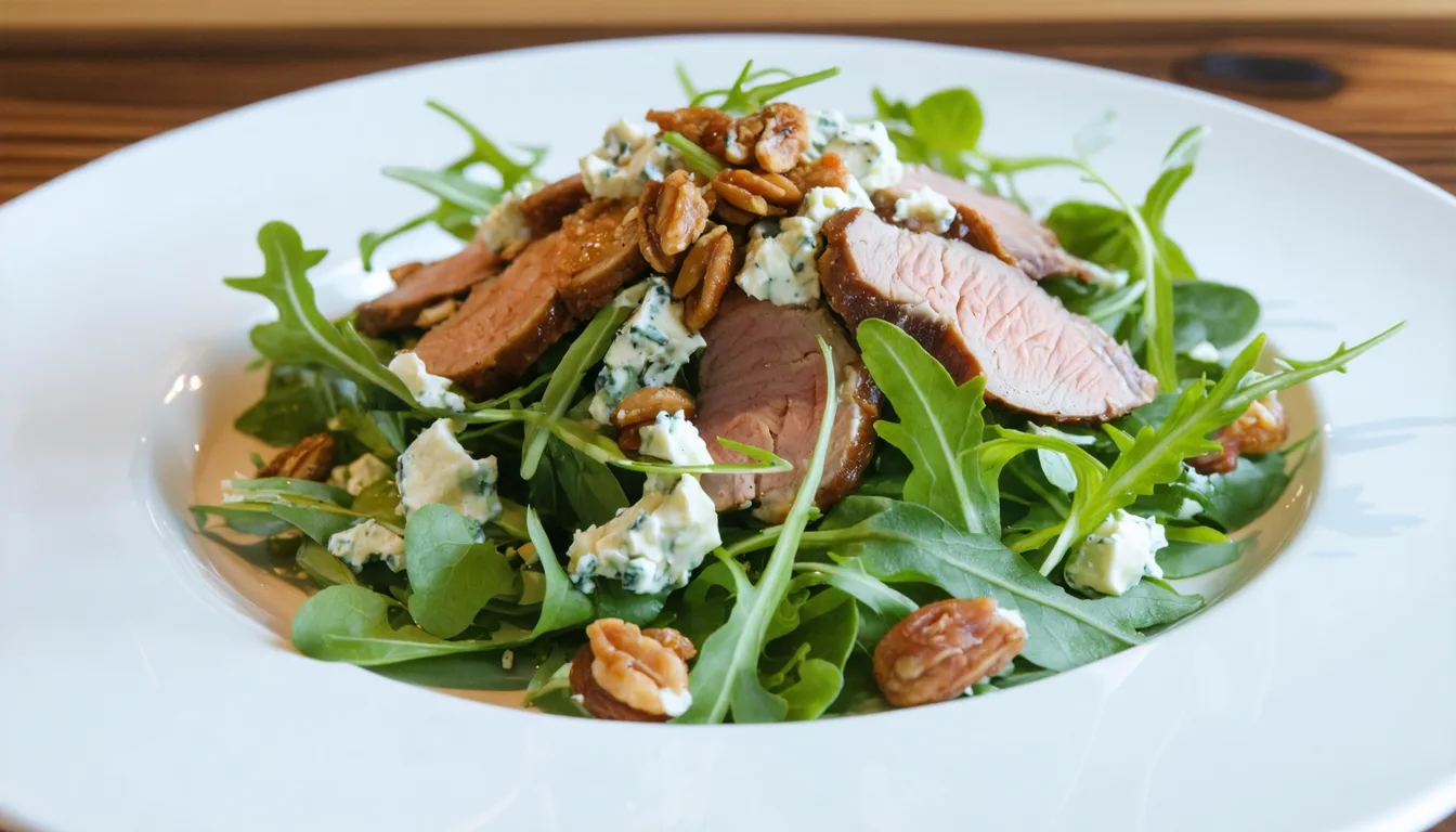 découvrez notre salade composée gourmande alliant la douceur du fromage bleu et la saveur intense du magret de canard fumé, pour un repas équilibré et savoureux.