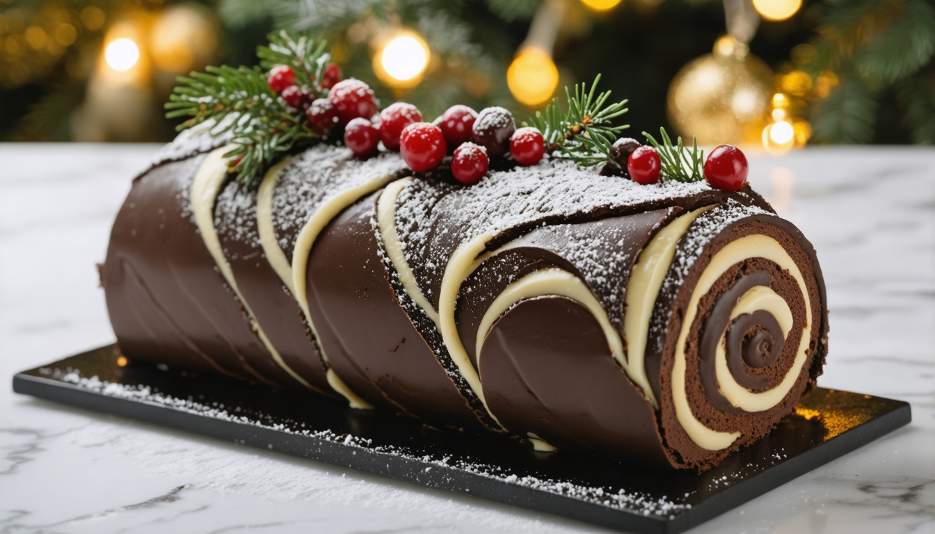 découvrez notre bûche festive légère alliant cacao fondant et éclats de vanille pour une douceur irrésistible et gourmande, parfaite pour vos célébrations.
