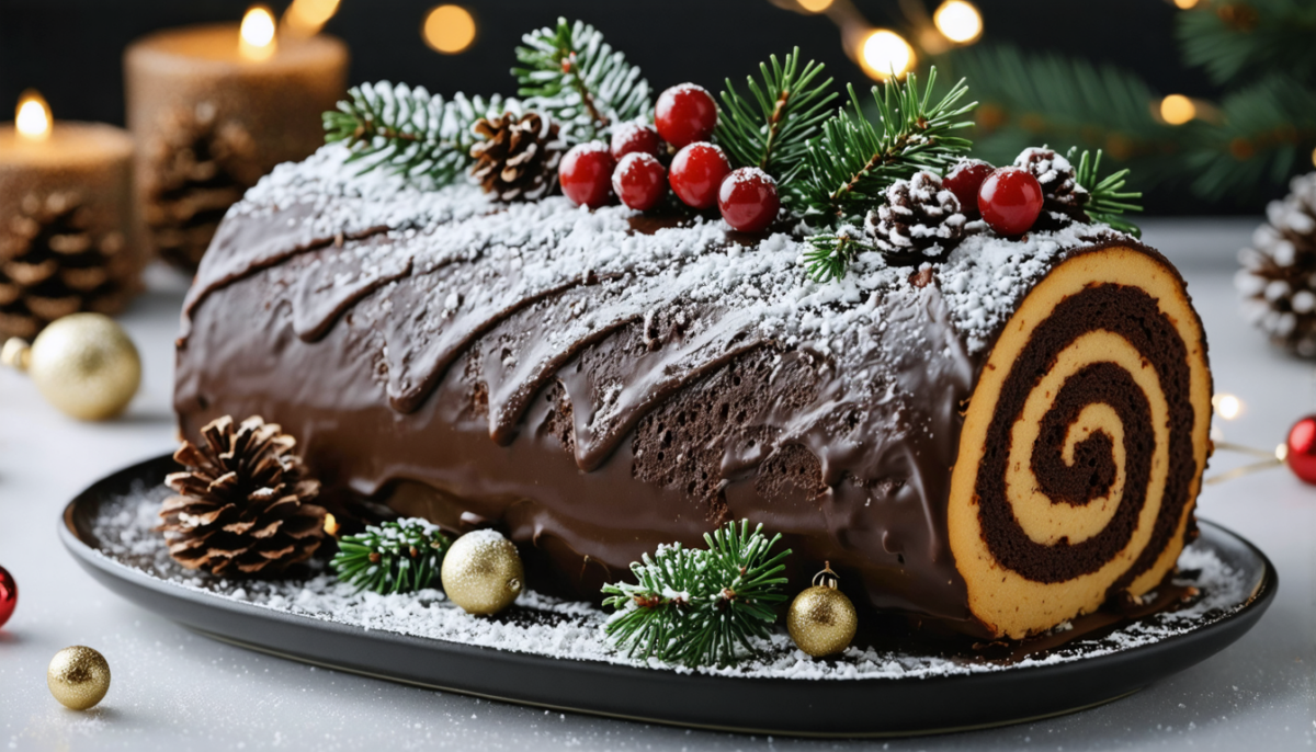 découvrez notre bûche festive légère alliant cacao fondant et éclats de vanille pour un dessert gourmand et raffiné à savourer en toute occasion.