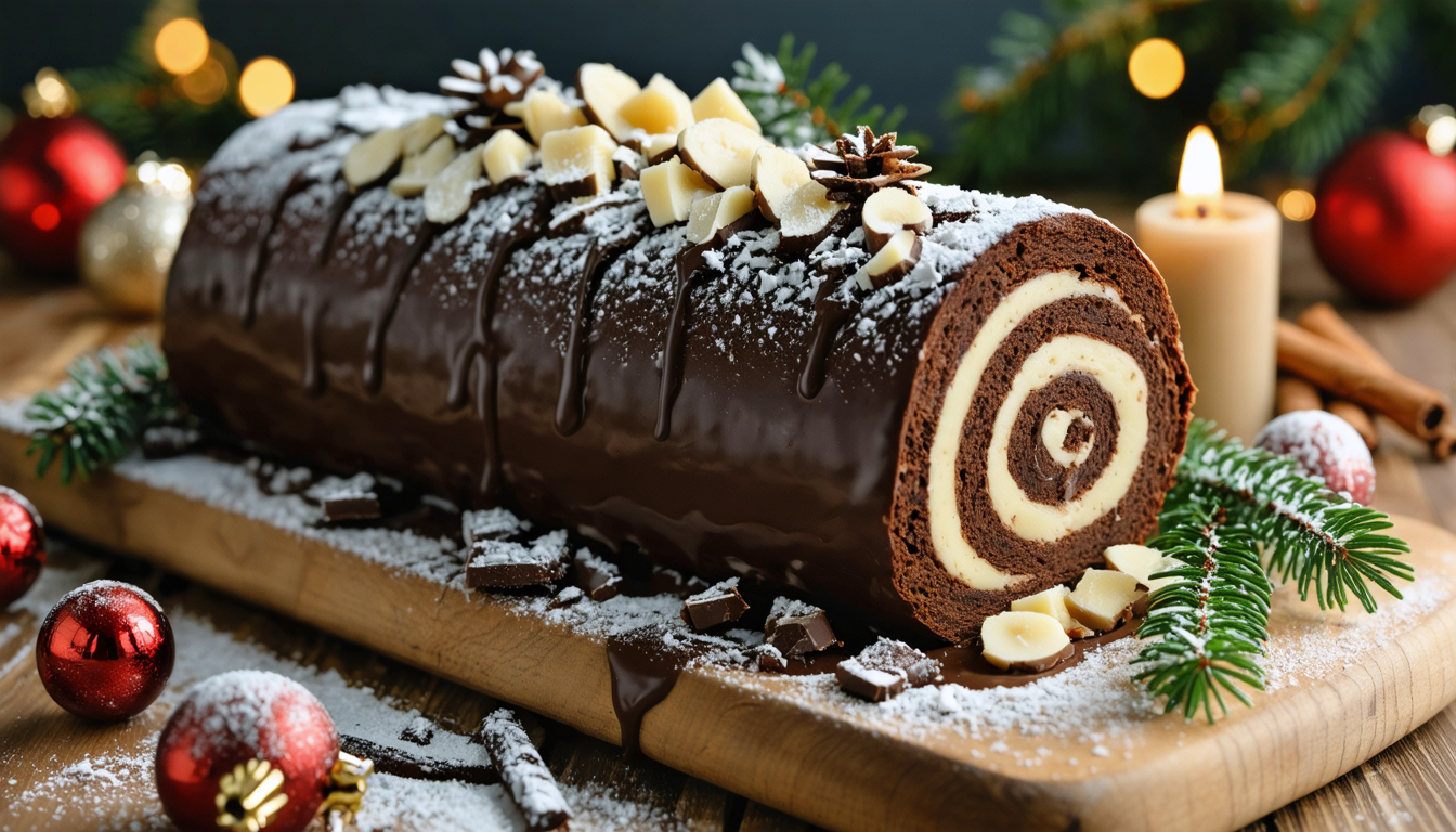 savourez une bûche festive légère et gourmande, alliant cacao fondant et éclats de vanille pour un dessert élégant et délicieux.