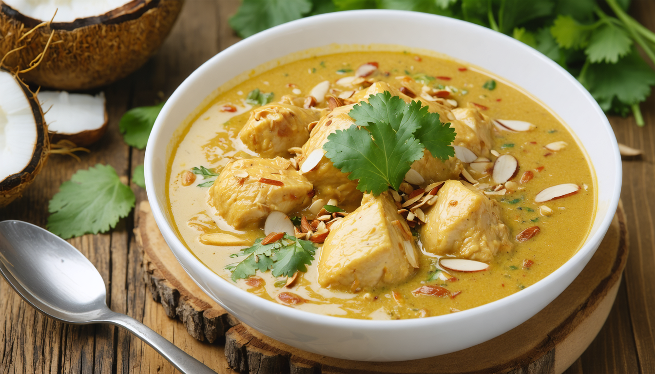découvrez notre recette de curry de poulet au lait de coco, agrémentée d'éclats d'amandes pour un délice léger et savoureux, parfait pour un repas exotique et équilibré.