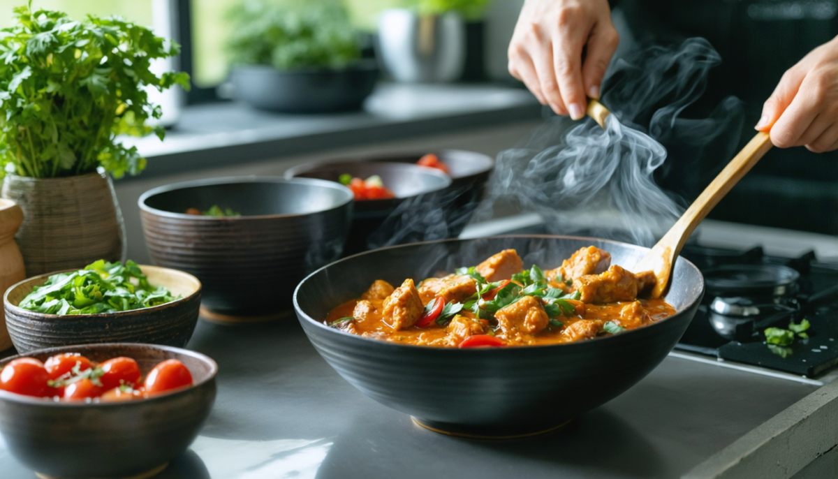 découvrez notre recette délice léger : un curry de poulet onctueux au lait de coco agrémenté d'éclats d'amandes croquantes, pour un repas savoureux et équilibré.