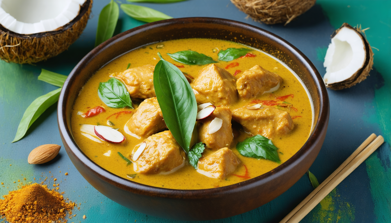 découvrez notre recette de curry de poulet au lait de coco agrémenté d'éclats d'amandes, un délice léger et savoureux pour un repas exotique et gourmand.