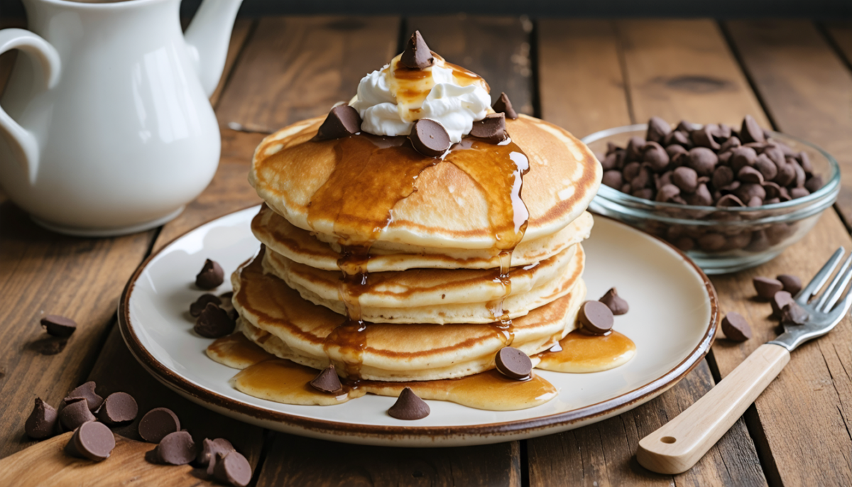 savourez des pancakes moelleux garnis de crème de fromage frais et parsemés d'éclats de chocolat fondant, pour un petit-déjeuner gourmand et irrésistible.