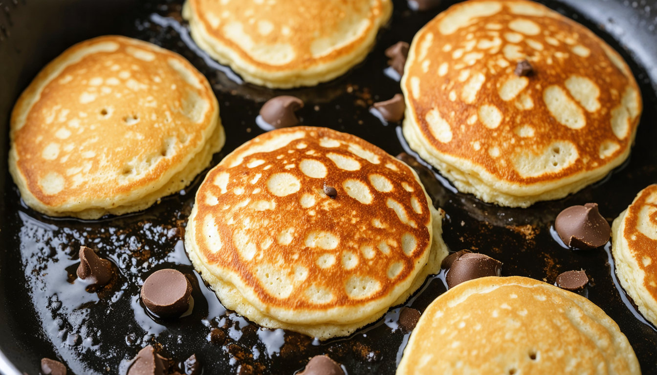 savourez des pancakes moelleux garnis de crème de fromage frais onctueuse et d'éclats de chocolat fondant pour un petit-déjeuner gourmand et irrésistible.