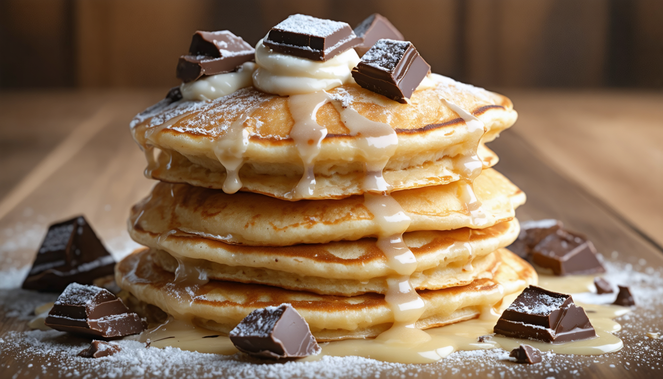 découvrez une recette gourmande de pancakes moelleux garnis de crème de fromage frais onctueuse et parsemés d'éclats de chocolat fondant pour un petit-déjeuner ou un goûter irrésistible.