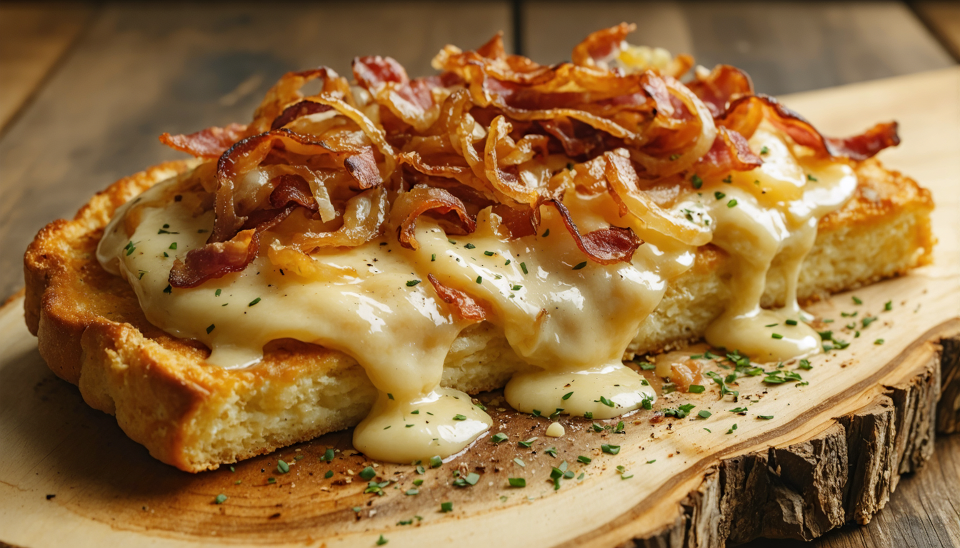 découvrez notre recette gourmande de cake moelleux au fromage à raclette, oignons caramélisés et bacon croustillant, parfaite pour un délice salé convivial.
