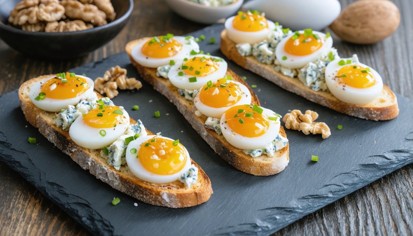 découvrez une recette savoureuse et originale : toast gourmand au fromage bleu et œufs de caille, parfait pour un petit-déjeuner ou un brunch raffiné.