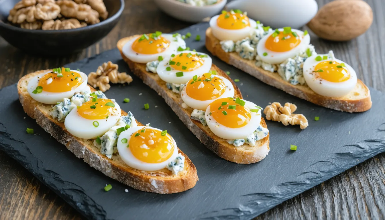 découvrez une recette savoureuse et originale : toast gourmand au fromage bleu et œufs de caille, parfait pour un petit-déjeuner ou un brunch raffiné.