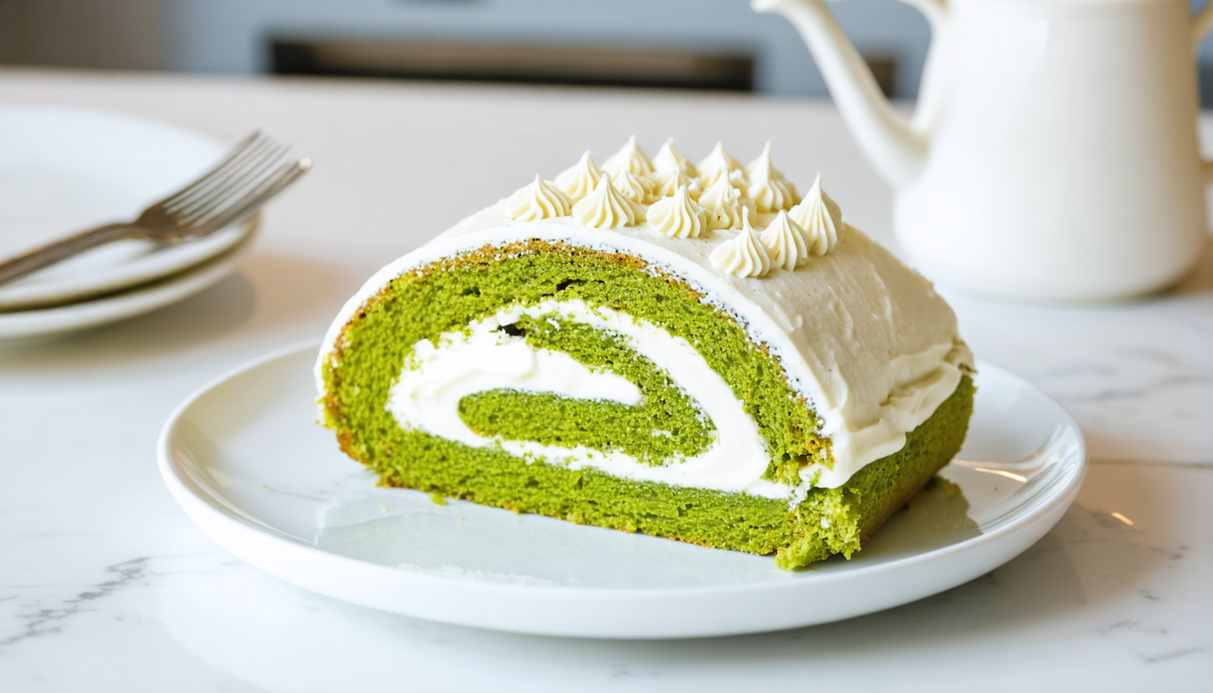 découvrez nos délicieux roulés moelleux au thé vert matcha, garnis d'une crème onctueuse à la vanille pour un dessert léger et savoureux.