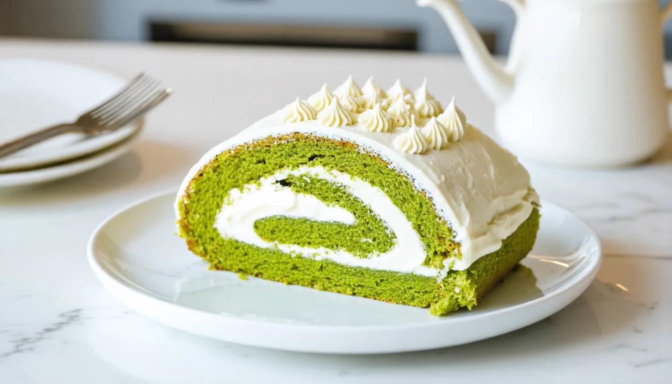 découvrez nos délicieux roulés moelleux au thé vert matcha, garnis d'une crème onctueuse à la vanille pour un dessert léger et savoureux.