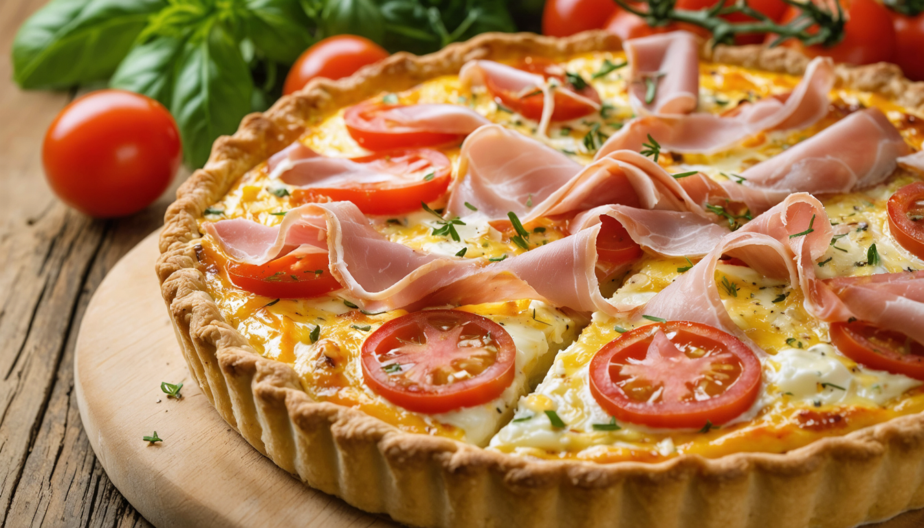 découvrez notre recette facile et savoureuse de quiche estivale avec tomate, jambon et chèvre, parfaite pour un repas léger et plein de fraîcheur.
