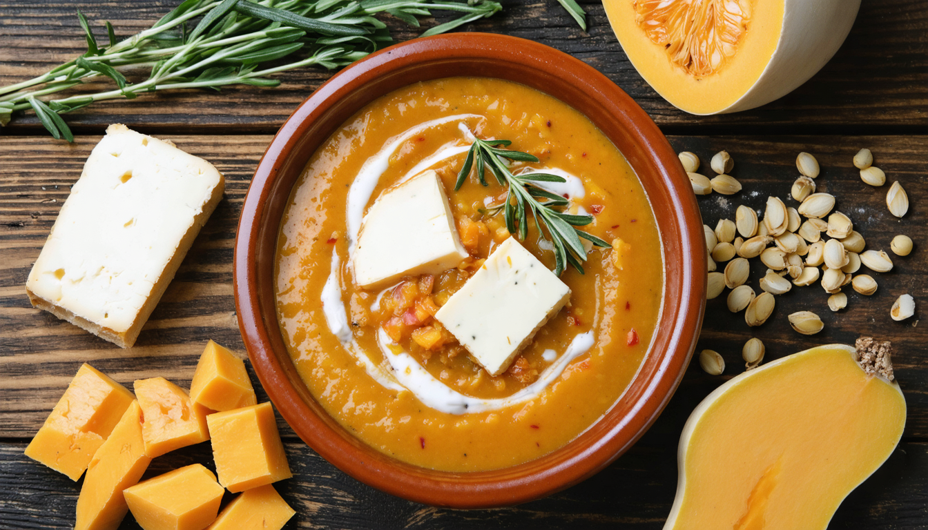 découvrez une délicieuse recette de soupe aux lentilles corail, courge onctueuse et chèvre fondant, parfaite pour réchauffer vos repas avec saveur et douceur.