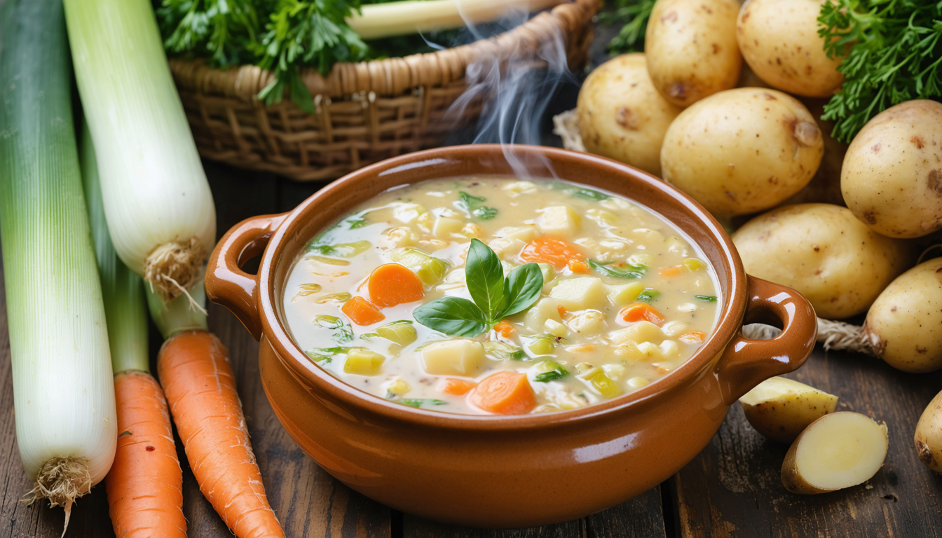 découvrez cette délicieuse recette maison de soupe réconfortante aux poireaux, carottes et pommes de terre, parfaite pour un repas sain et chaleureux.