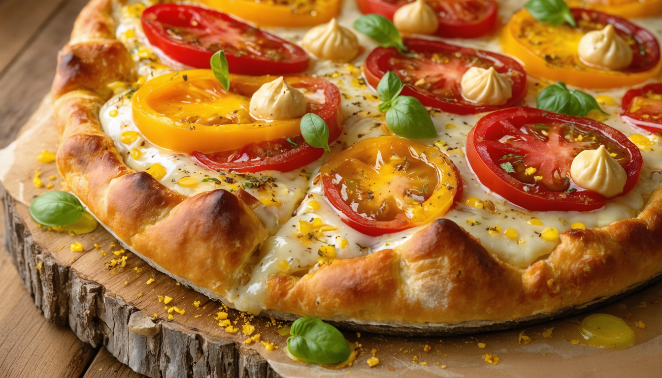 découvrez notre délicieuse tarte estivale aux tomates juteuses, moutarde piquante et fromage à raclette fondant, parfaite pour un repas savoureux et convivial.