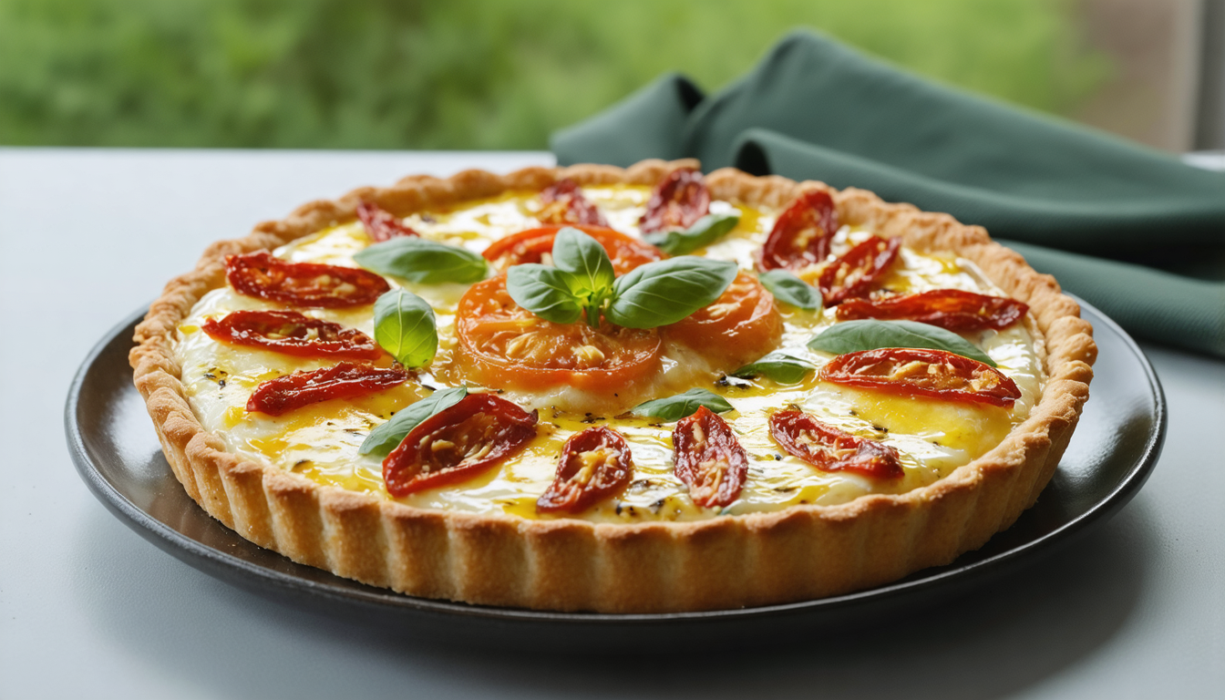 savourez une délicieuse tarte estivale alliant tomates fraîches, moutarde piquante et fromage à raclette fondant pour un repas gourmand et original.