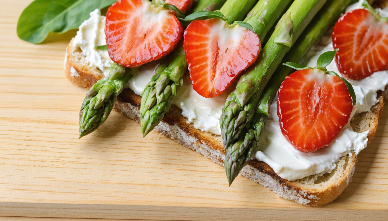 savourez une tartine estivale fraîche et gourmande, alliant fromage frais onctueux, asperges vertes croquantes et fraises juteuses pour une explosion de saveurs.