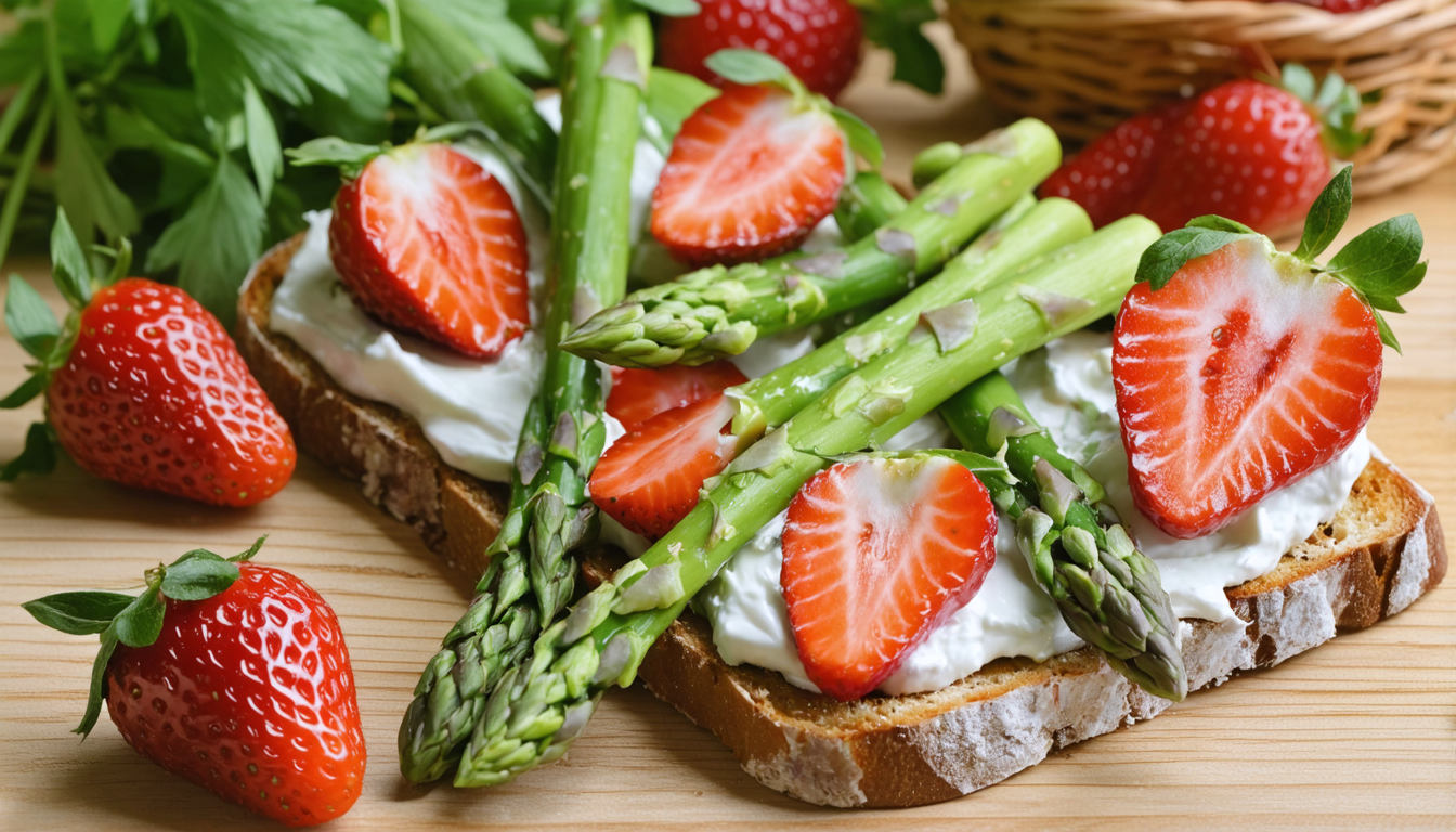 savourez une tartine estivale gourmande alliant fromage frais crémeux, asperges vertes croquantes et fraises juteuses pour une explosion de fraîcheur et de saveurs.