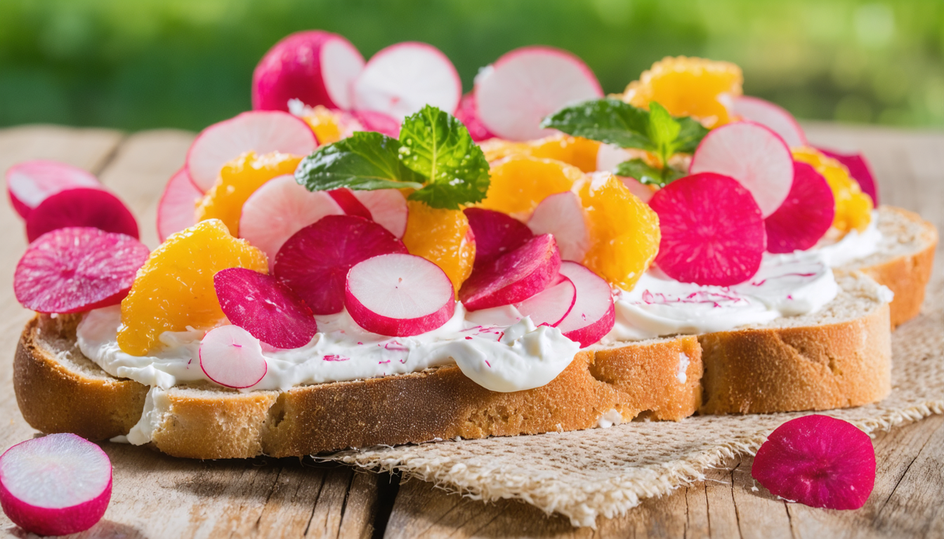 savourez une délicieuse tartine printanière garnie de fromage frais crémeux et de radis croquants aux couleurs éclatantes, parfaite pour une pause gourmande et fraîcheur.