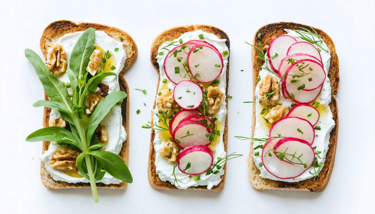 savourez une délicieuse tartine printanière garnie de fromage frais onctueux et de radis croquants aux couleurs éclatantes, parfaite pour une pause gourmande et pleine de fraîcheur.
