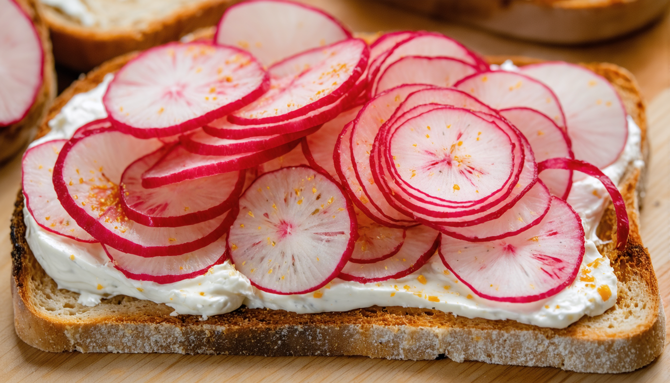 savourez une délicieuse tartine printanière garnie de fromage frais onctueux et de radis croquants aux couleurs éclatantes, parfaite pour une pause gourmande et fraîche.