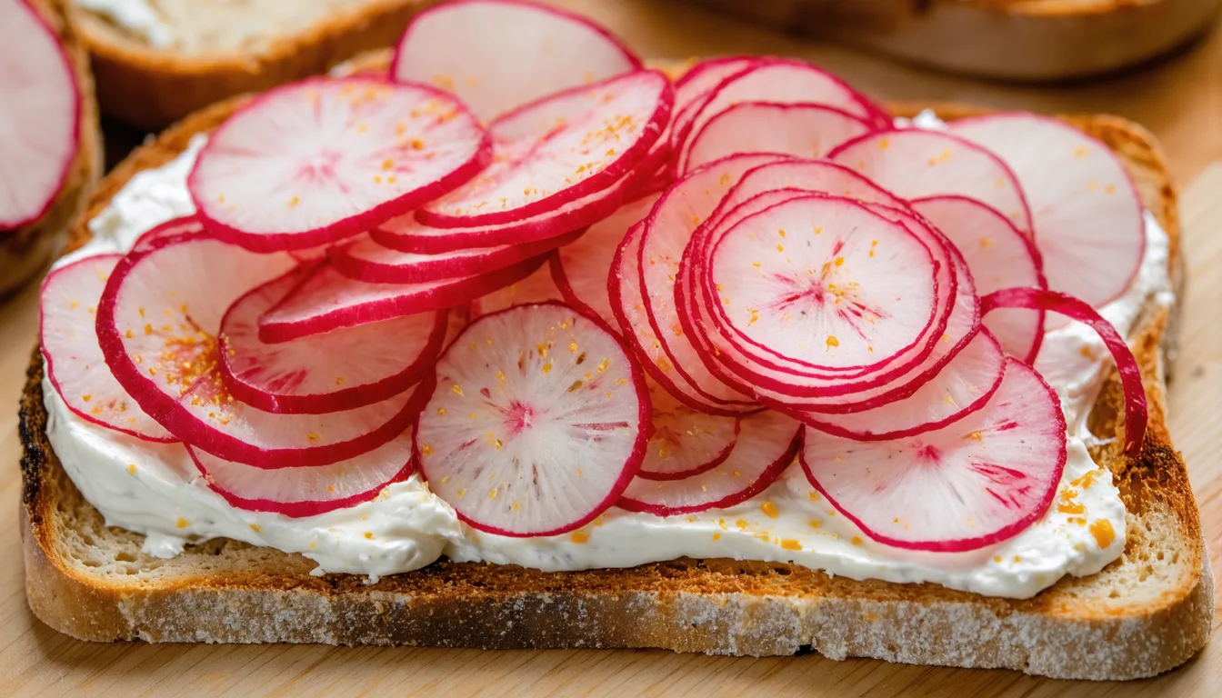 savourez une délicieuse tartine printanière garnie de fromage frais onctueux et de radis croquants aux couleurs éclatantes, parfaite pour une pause gourmande et fraîche.