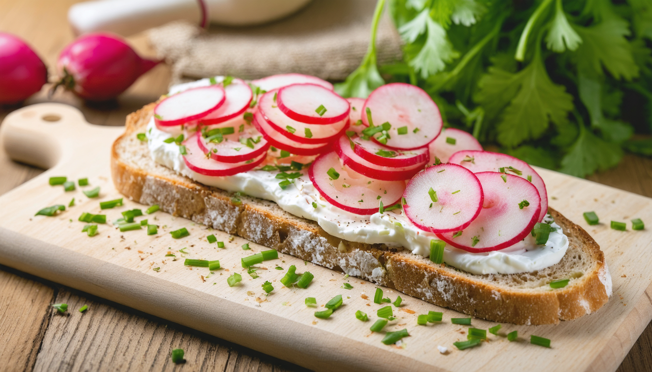 découvrez une délicieuse tartine printanière garnie de fromage frais onctueux et de radis croquants aux couleurs éclatantes, parfaite pour une pause gourmande et fraîche.