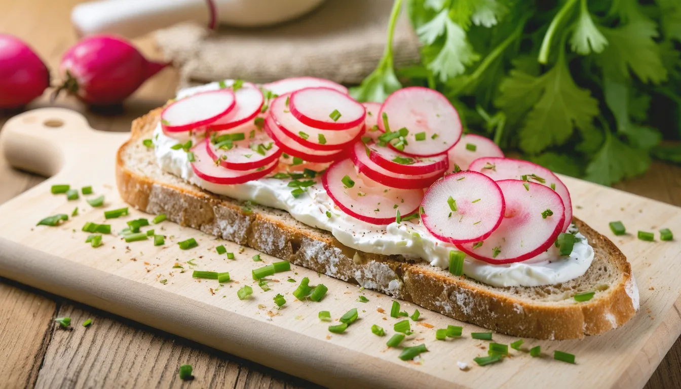 découvrez une délicieuse tartine printanière garnie de fromage frais onctueux et de radis croquants aux couleurs éclatantes, parfaite pour une pause gourmande et fraîche.