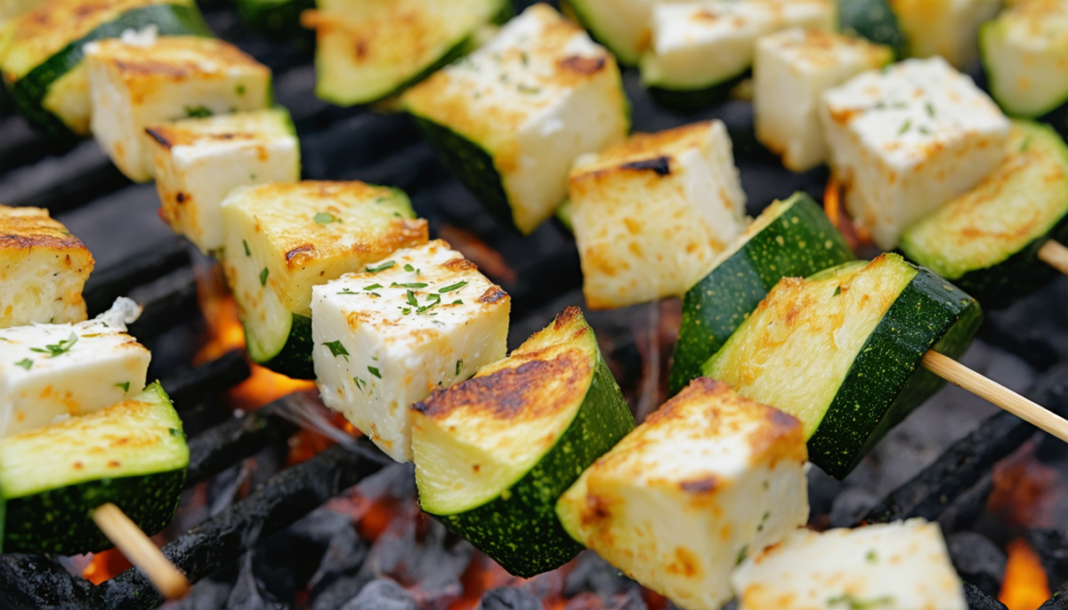 découvrez notre recette savoureuse de brochettes de talagani accompagnées de courgettes et poivrons, une explosion de saveurs pour un repas gourmand et coloré.
