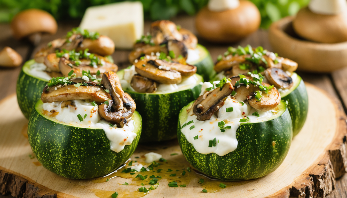 découvrez nos délicieuses courgettes rondes garnies d'un mélange savoureux de fromage de chèvre crémeux et de champignons sautés, une recette gourmande et facile à préparer pour un repas sain et gourmand.