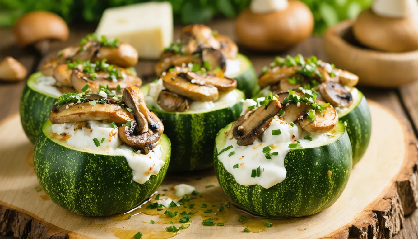 découvrez nos délicieuses courgettes rondes garnies d'un mélange savoureux de fromage de chèvre crémeux et de champignons sautés, une recette gourmande et facile à préparer pour un repas sain et gourmand.