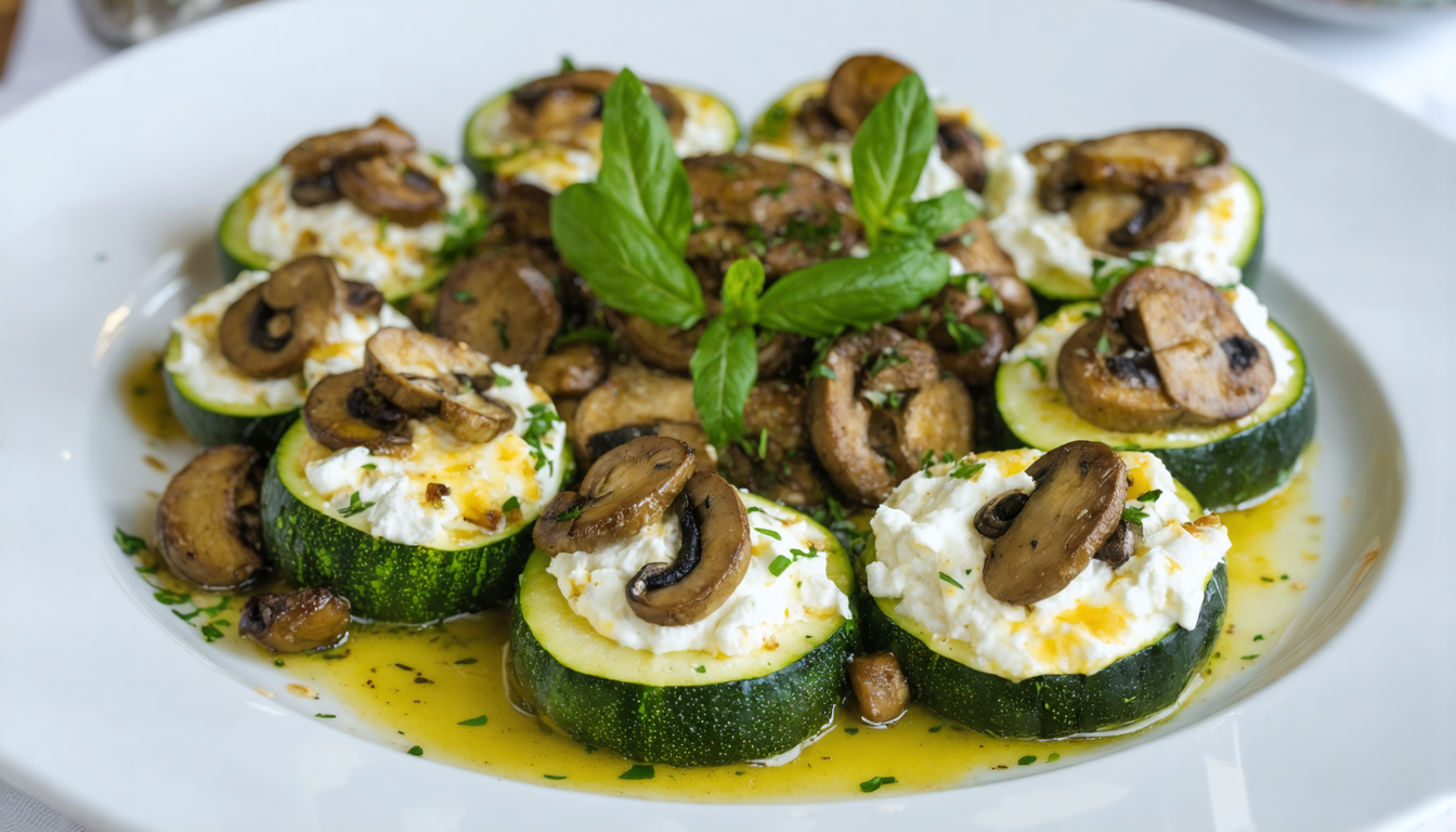 découvrez notre recette gourmande de courgettes rondes garnies de fromage de chèvre crémeux et de champignons sautés, parfaite pour un repas savoureux et léger.