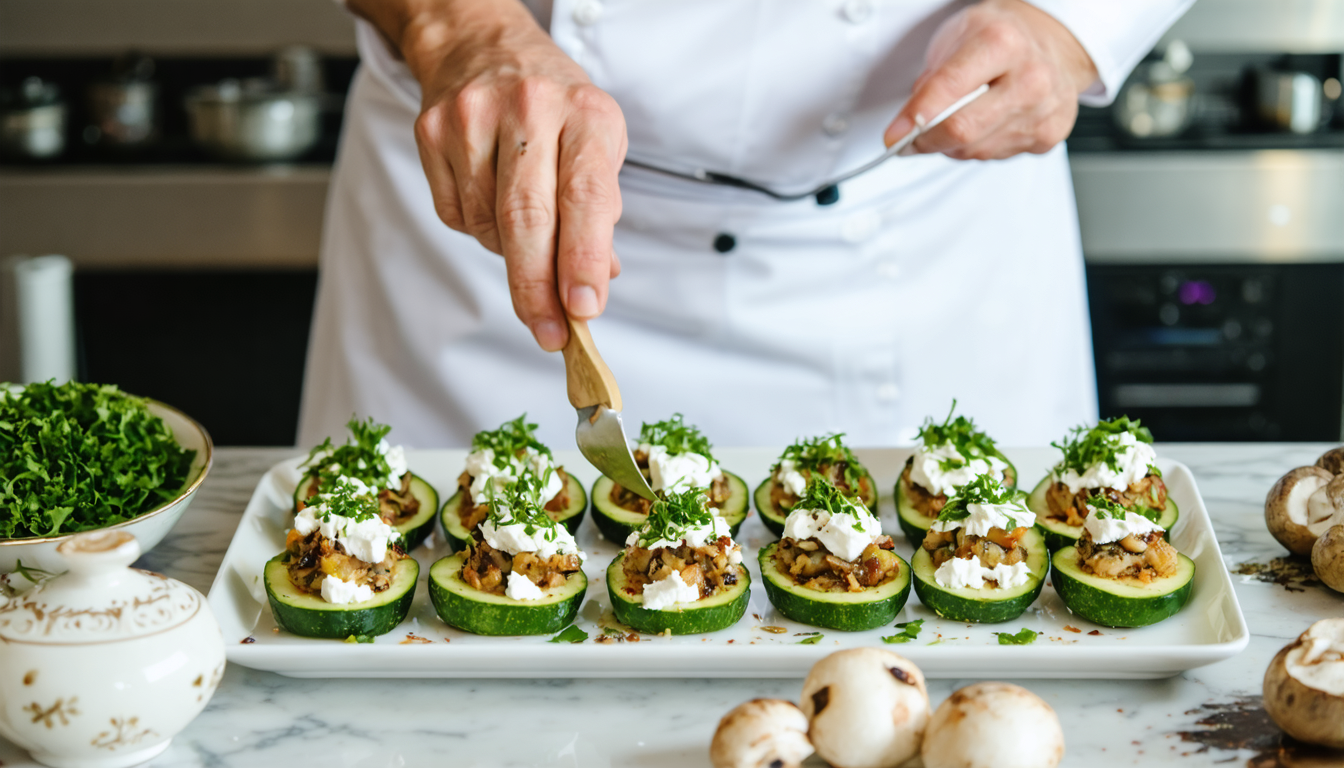 découvrez notre recette savoureuse de courgettes rondes garnies de fromage de chèvre crémeux et de champignons sautés, parfaite pour un repas sain et gourmand.