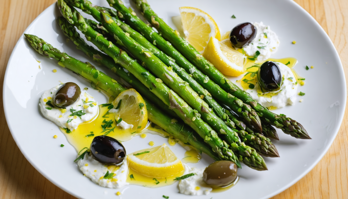 découvrez notre recette savoureuse d'asperges vertes marinées aux olives, citron et fromage frais aux herbes aromatiques, idéale pour un apéritif frais et gourmand.