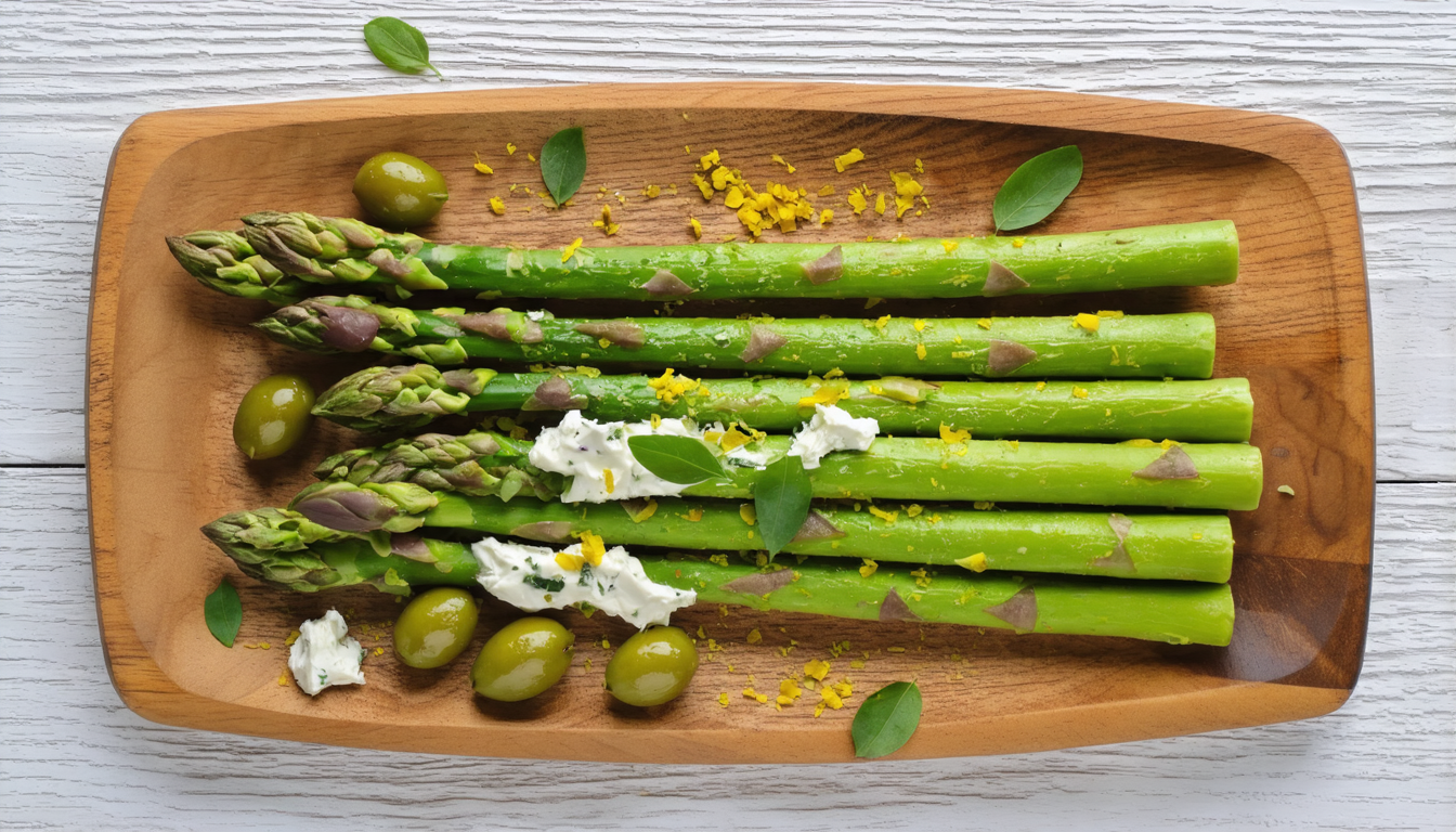 découvrez notre recette savoureuse d'asperges vertes marinées aux olives, citron et fromage frais aux herbes aromatiques, parfaite pour un apéritif frais et gourmand.