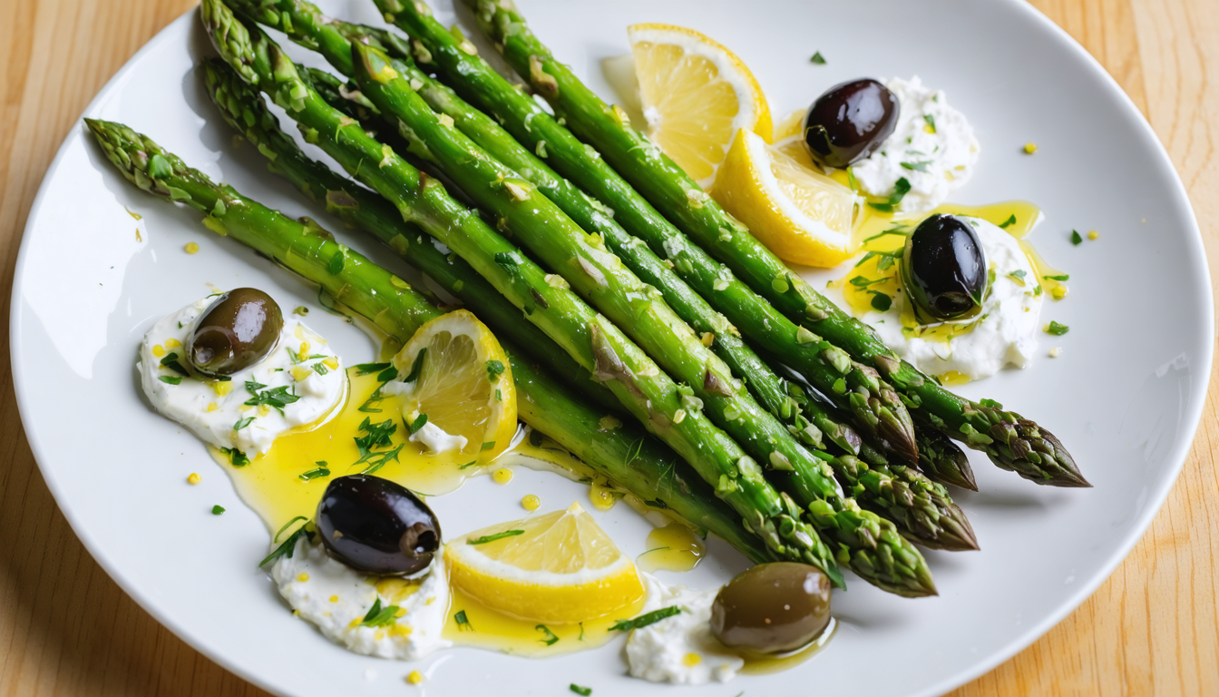 découvrez notre recette savoureuse d'asperges vertes marinées aux olives, citron et fromage frais aux herbes aromatiques, idéale pour un apéritif frais et gourmand.