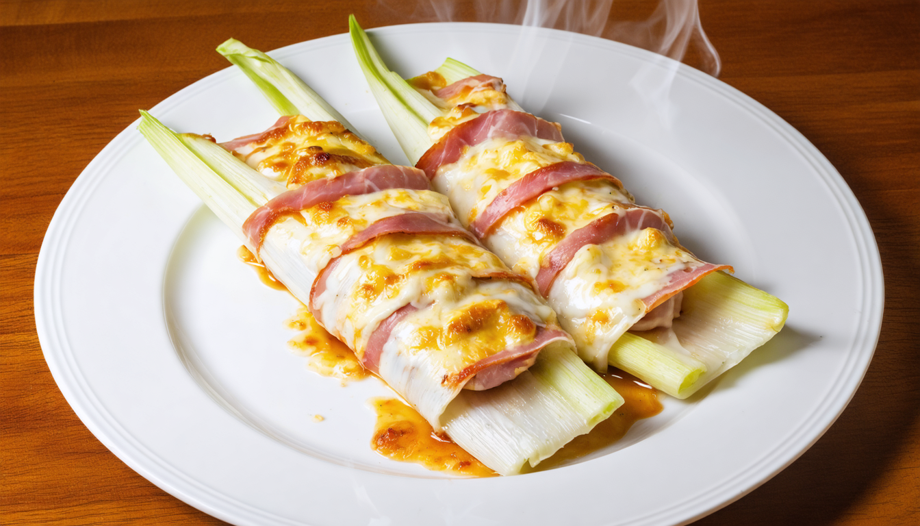 savourez des endives au jambon généreusement nappées de sauce béchamel onctueuse et gratinées à la perfection pour un plat réconfortant et gourmand.